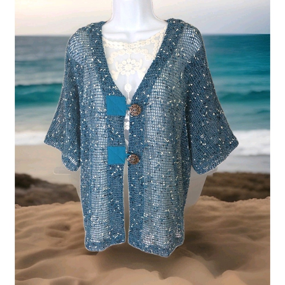 Drapers & Damons Open Weave Mesh Cardigan L Teal Beachy Boho‎ Festival  Cover-up